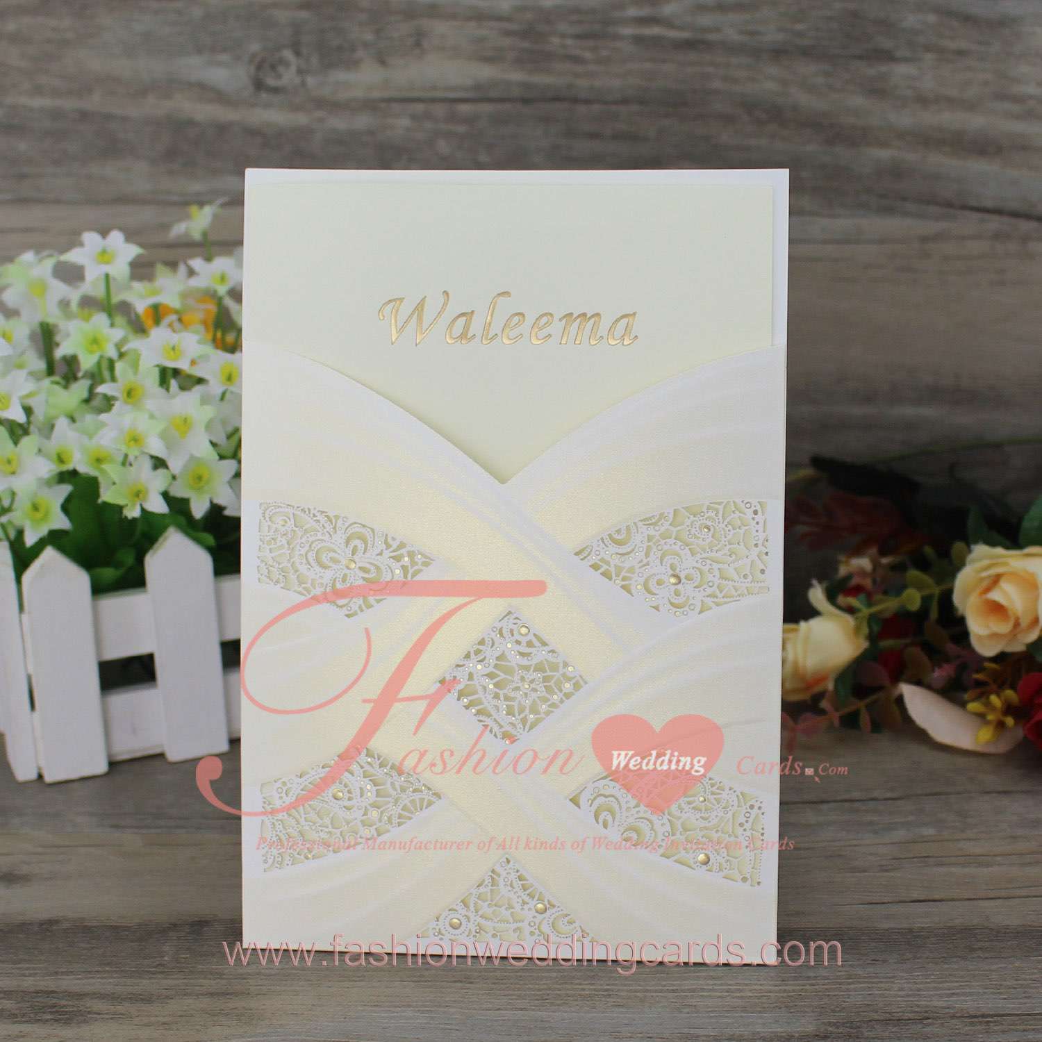 Bride Dress Pearl Laser Cut Wedding Invitation Pocket 